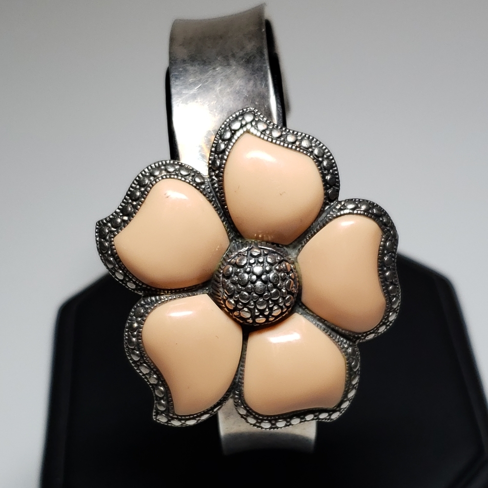 Peach Enamel Bracelet NK Sterling Silver Flower